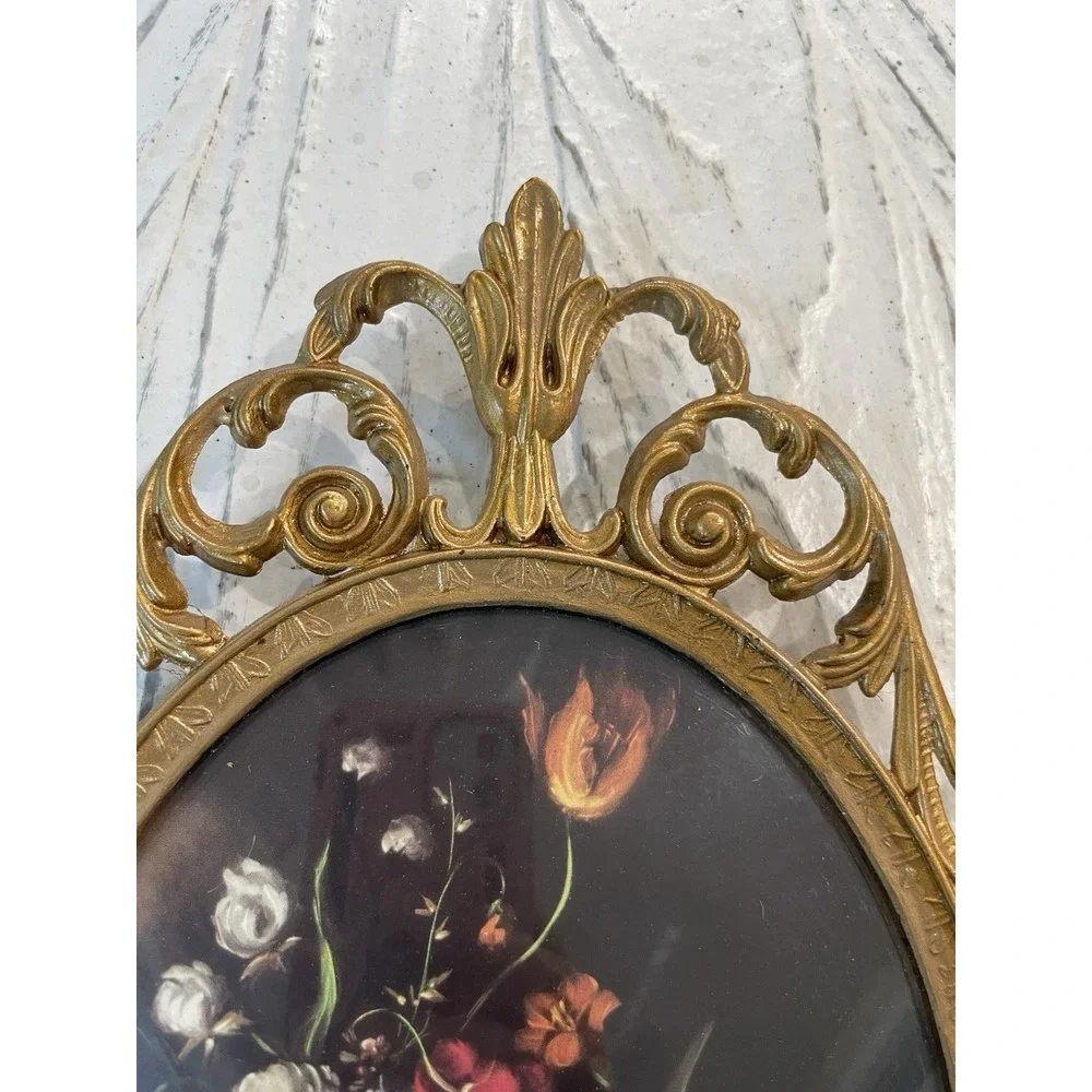 Pair (2) ‎ Vtg Italian Floral Print Ornate Brass Frame Convex Bubble Glass Italy